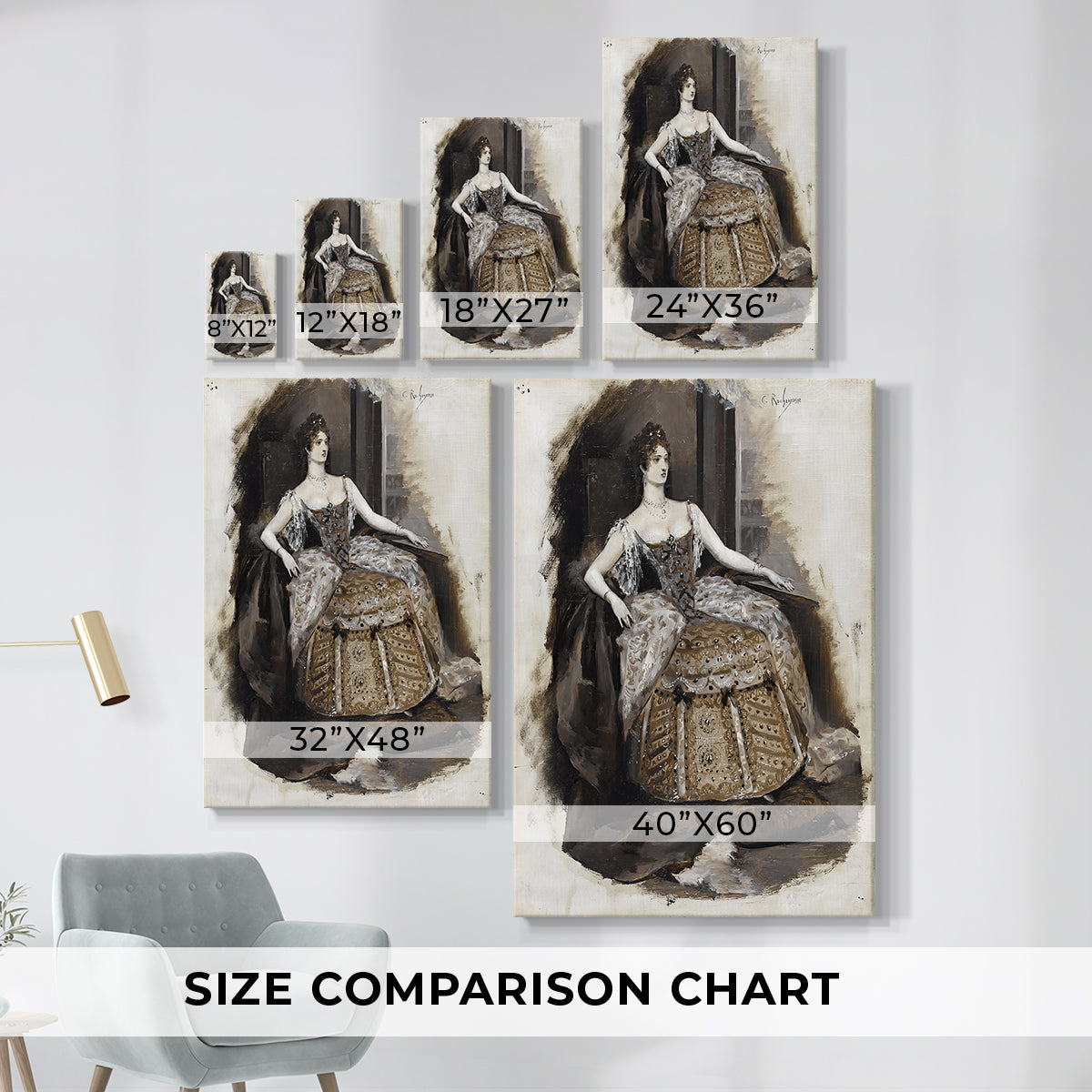 Size comparison chart for canvas art prints, showing multiple size options.