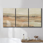 Three-panel canvas wall art featuring earth toned abstract landscape, displayed in a bathroom above a bathtub.