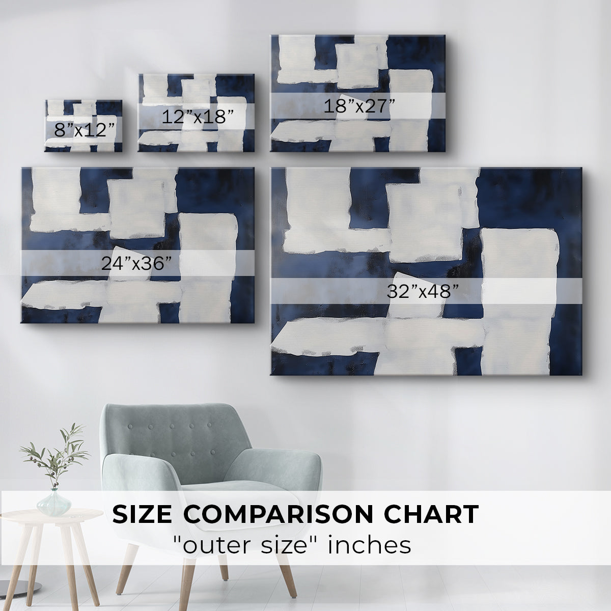 Abstract artwork featuring a contrast of navy blue and white shapes on canvas