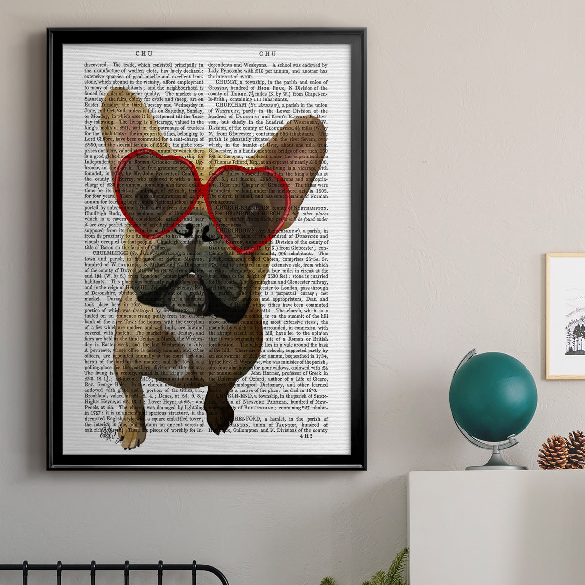 French Bulldog and Heart Glasses - Modern Framed Canvas Print