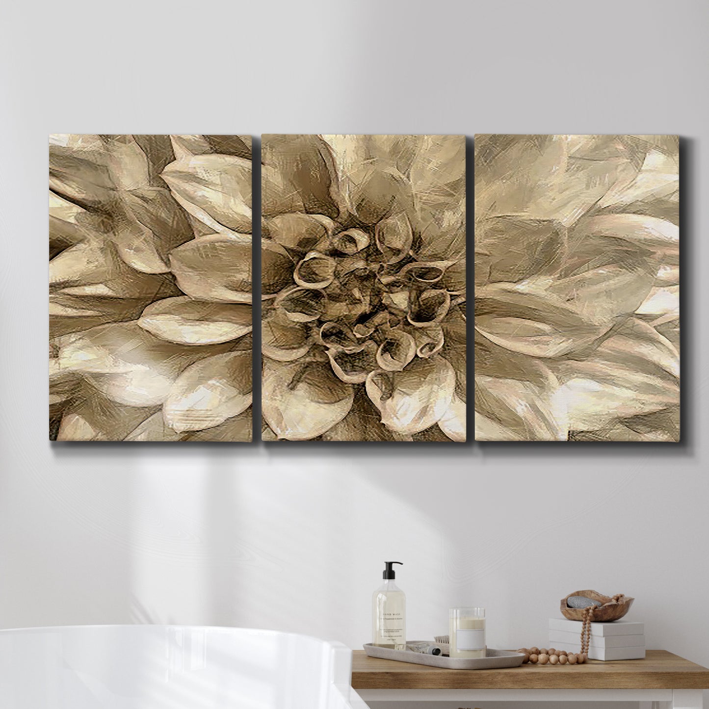 Three-panel canvas wall art featuring monochrome floral linework composition, displayed in a bathroom above a bathtub.