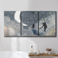Three-panel canvas wall art featuring surreal celestial romantic scene, displayed in a bathroom above a bathtub.