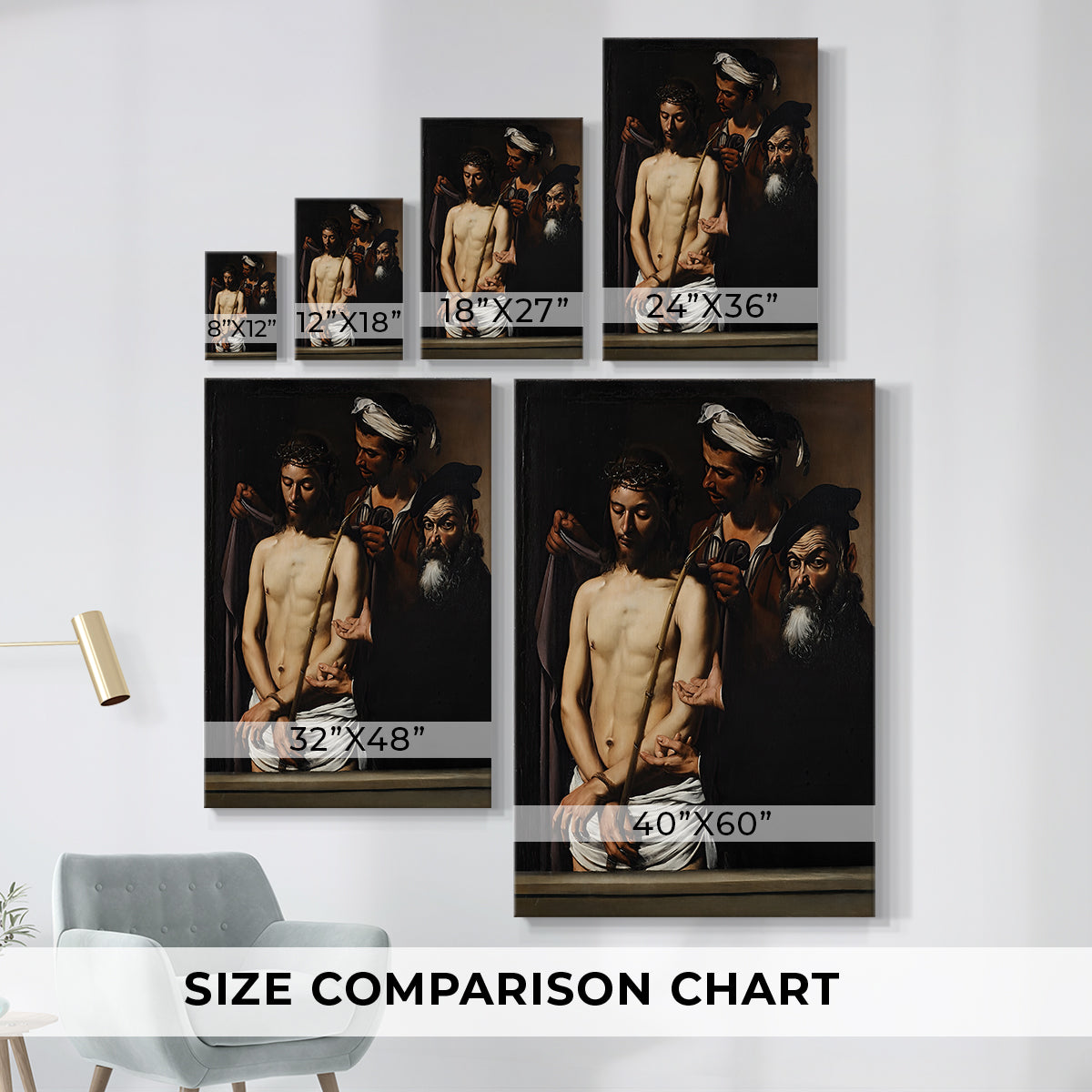 Size comparison chart for canvas art prints, showing multiple size options.