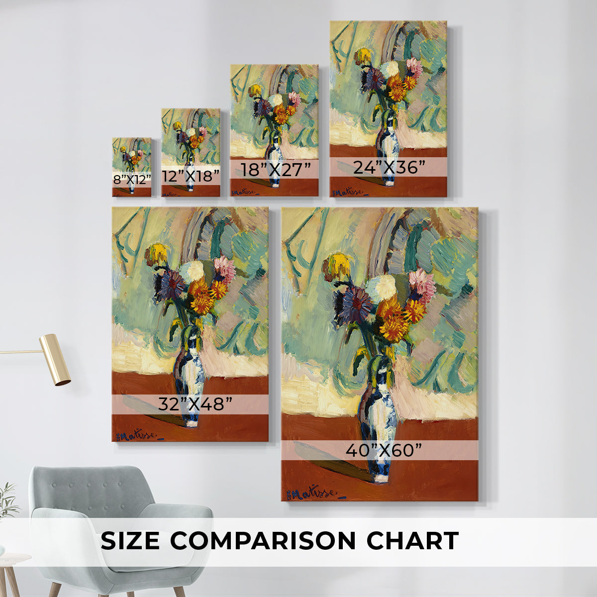 Size comparison chart for canvas art prints, showing multiple size options.