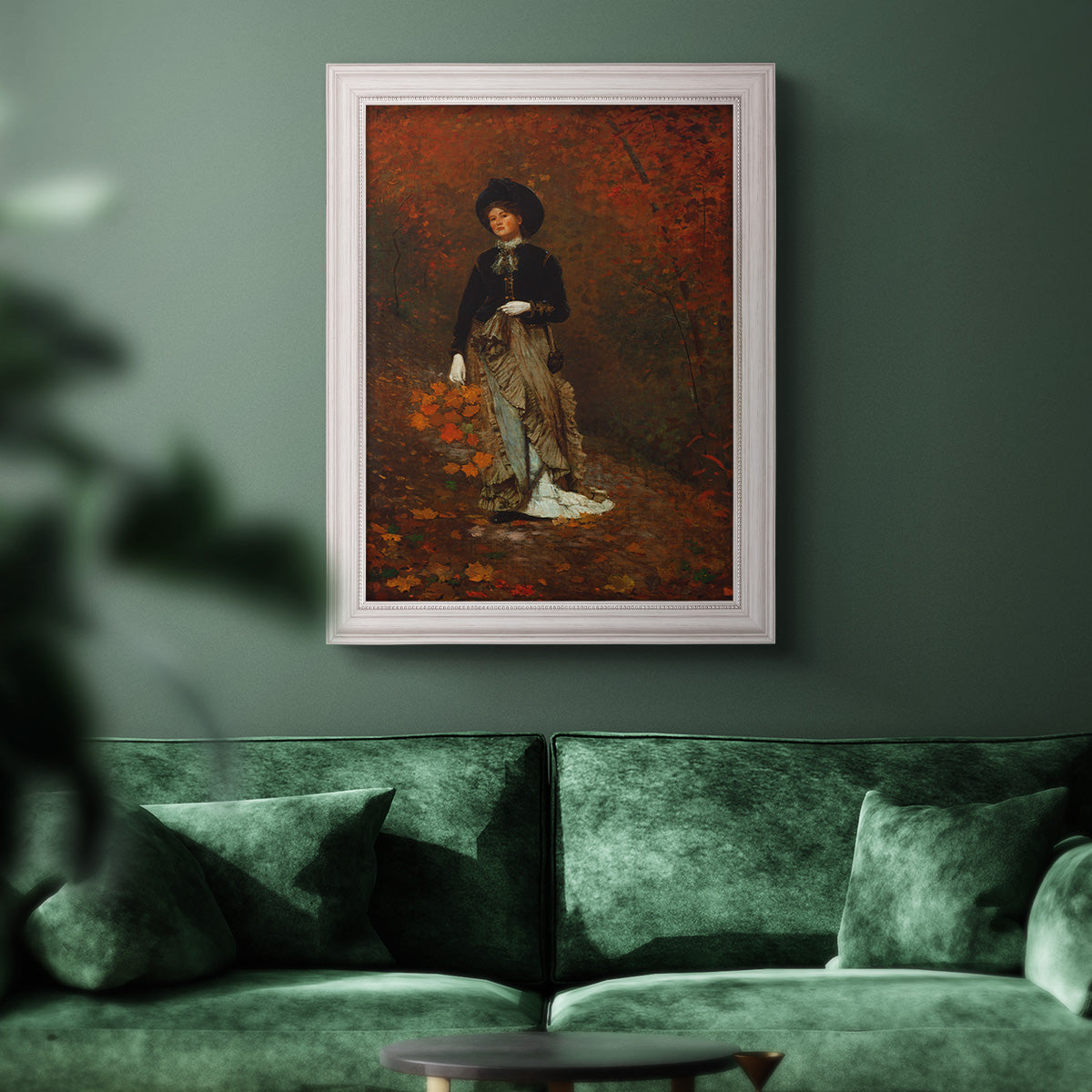 Realist autumn portrait scene by Winslow Homer in an ornate weathered white frame displayed in a dark-toned interior setting.