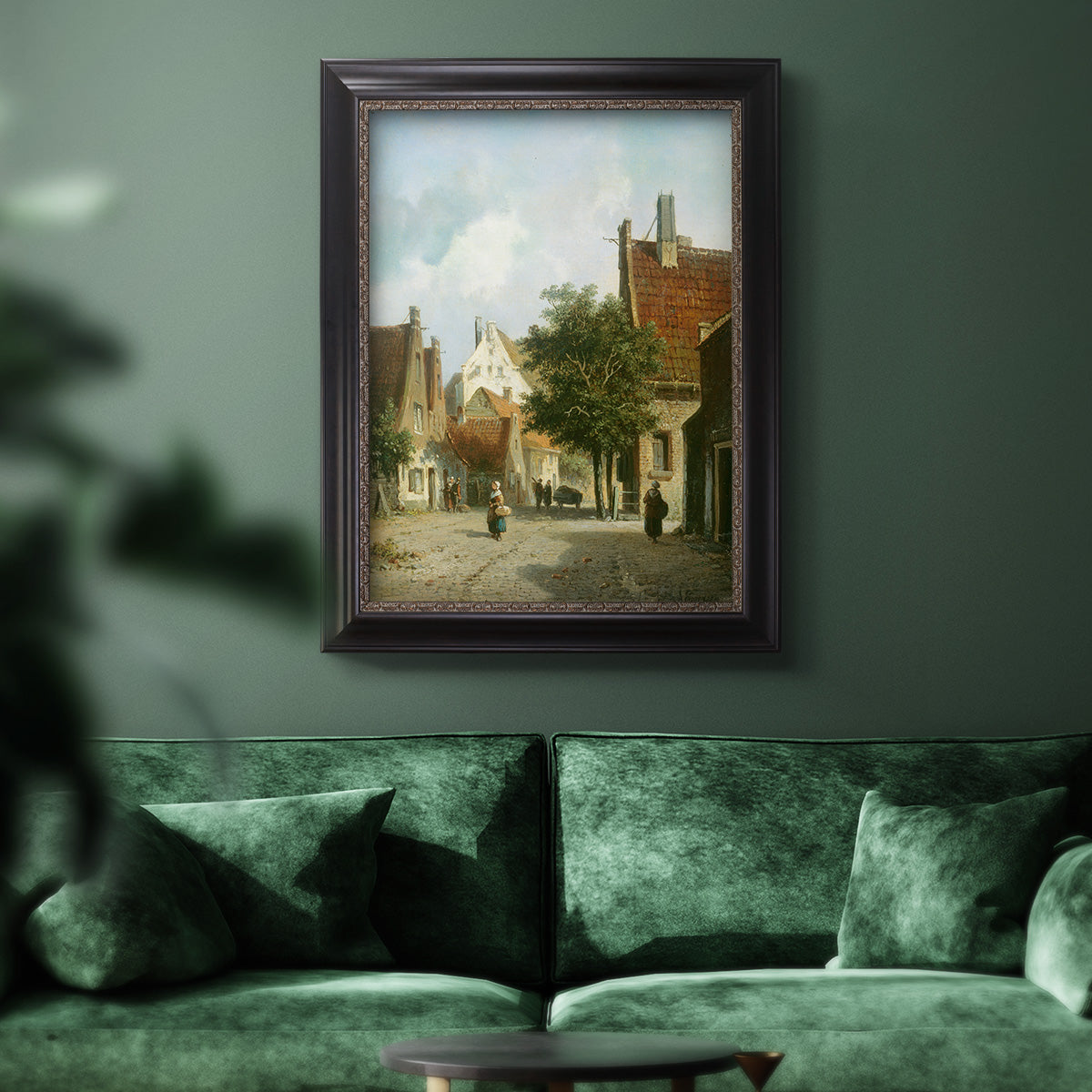 Rustic European street scene painting by Adriaan Eversen in an ornate black frame with gilded inner detail displayed in a dark-toned interior setting.