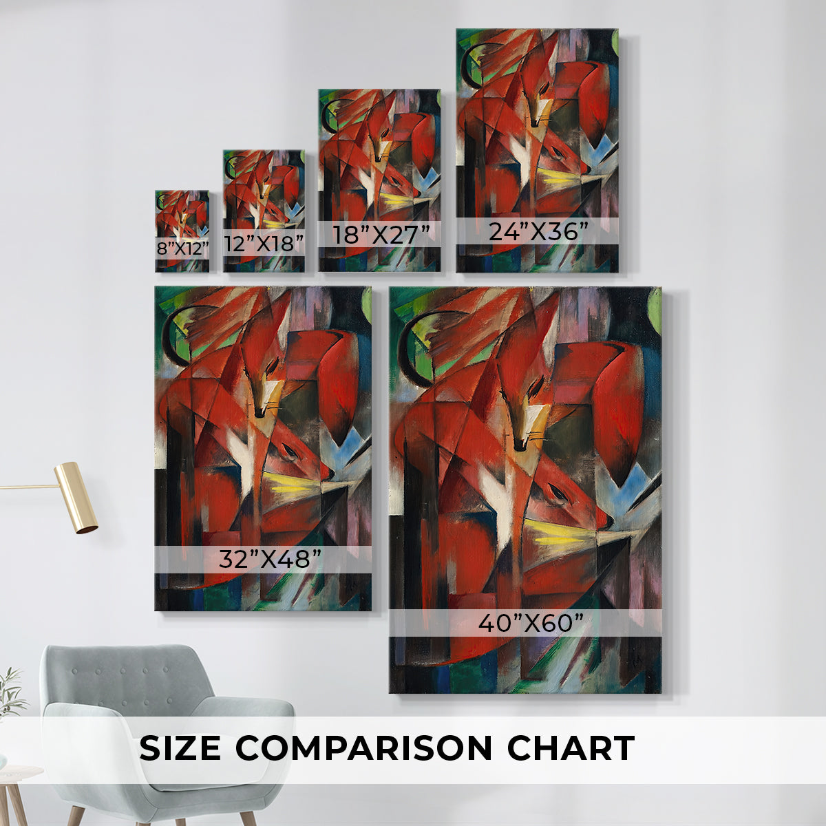 Size comparison chart for canvas art prints, showing multiple size options.