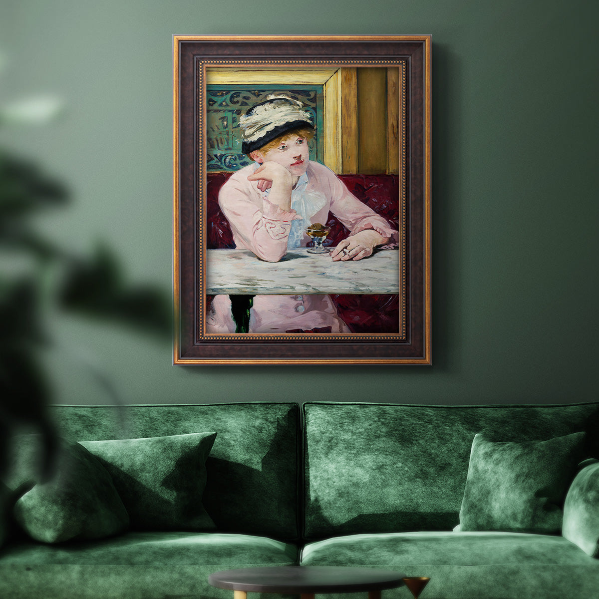 Impressionist portrait scene with plum brandy by Édouard Manet in an ornate bronzed mahogany wood frame displayed in a dark-toned interior setting.