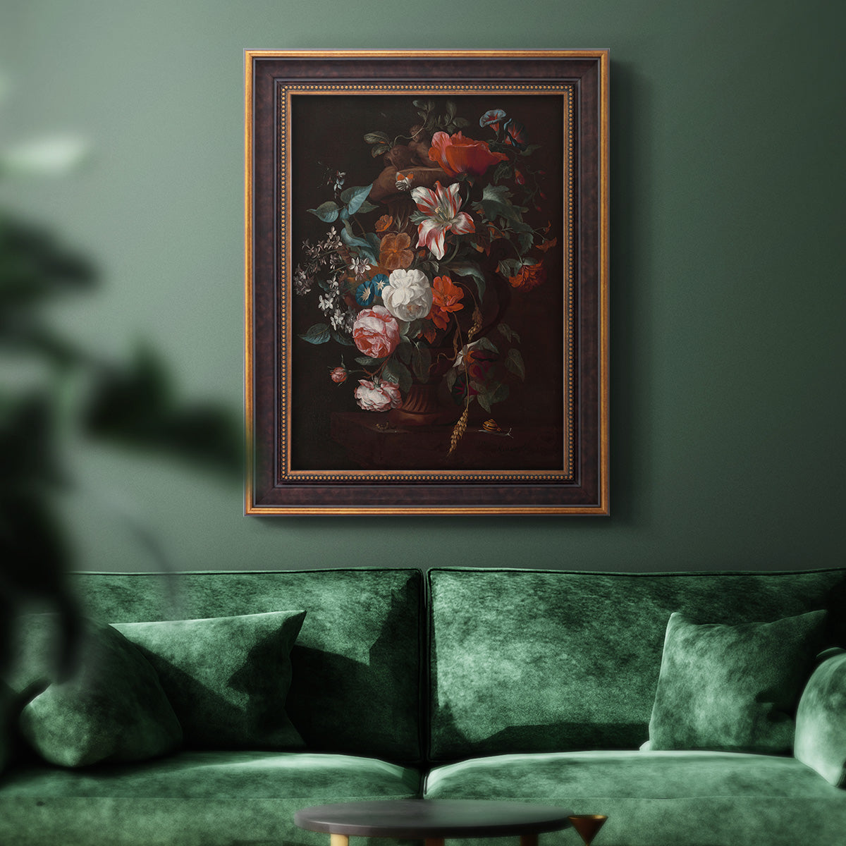 Classical floral still life painting by Jan van Huysum in an ornate bronzed mahogany wood frame displayed in a dark-toned interior setting.