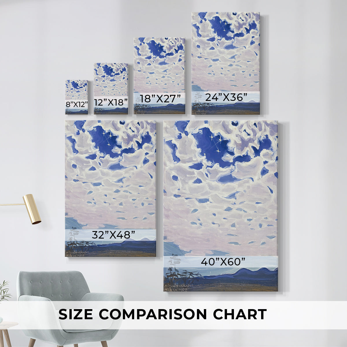Size comparison chart for canvas art prints, showing multiple size options.