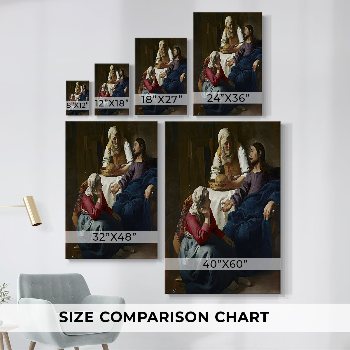 Size comparison chart for canvas art prints, showing multiple size options.