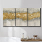 Three-panel canvas wall art featuring flowing abstract golden tones, displayed in a bathroom above a bathtub.