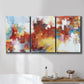 Three-panel canvas wall art featuring abstract city lights composition, displayed in a bathroom above a bathtub.