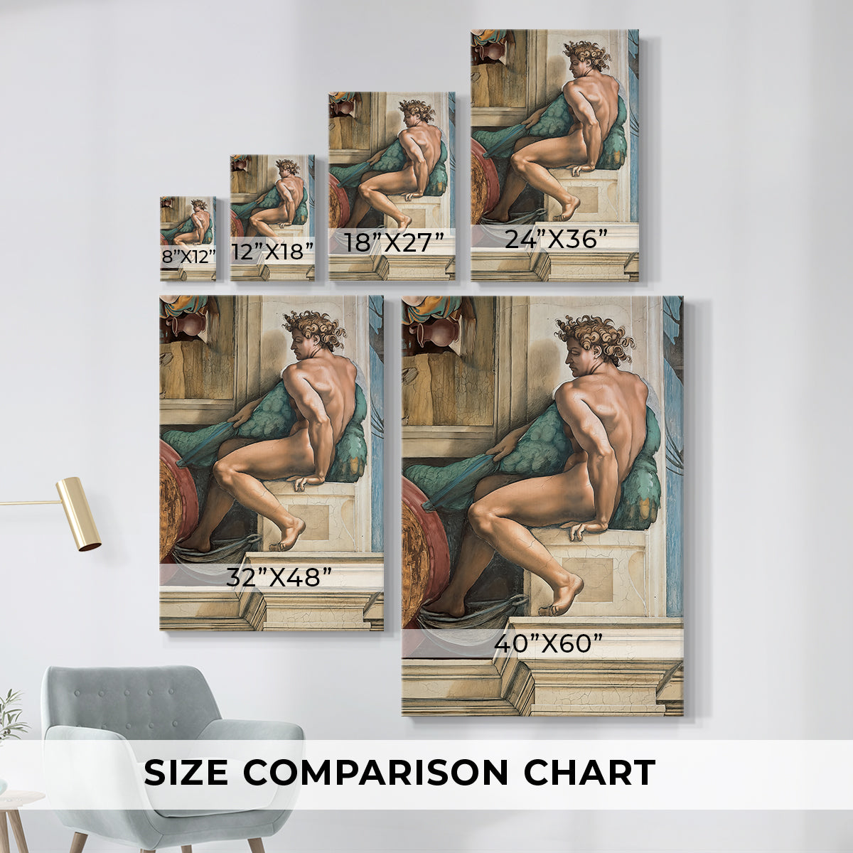 Size comparison chart for canvas art prints, showing multiple size options.