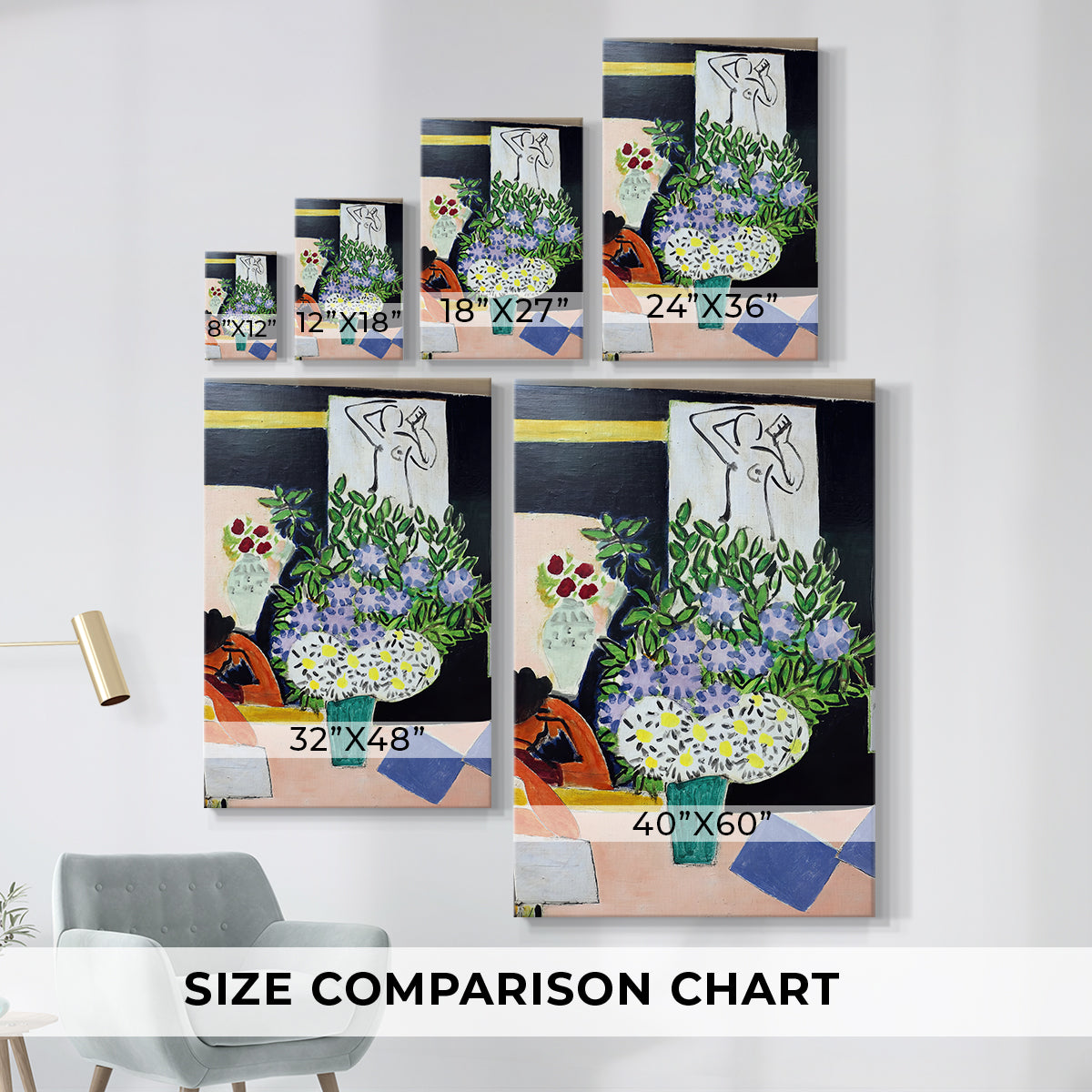 Size comparison chart for canvas art prints, showing multiple size options.