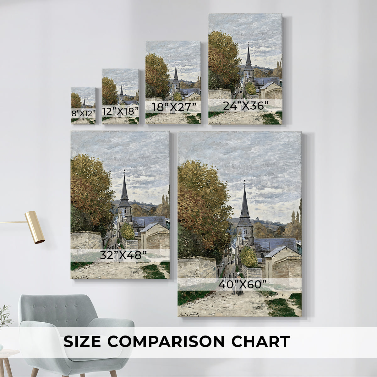 Size comparison chart for canvas art prints, showing multiple size options.
