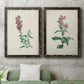Set of two black barnwood framed canvas prints depicting antique floral illustrations featuring a tall red bloom and a clustered mauve flower above a sofa in a modern living room.