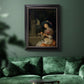 Classical interior scene of a woman weaving flowers by Godfried Schalcken in an ornate black frame with gilded inner detail displayed in a dark-toned interior setting.