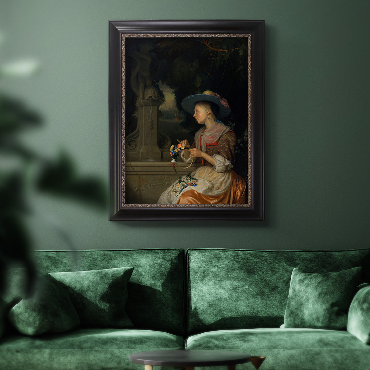 Classical interior scene of a woman weaving flowers by Godfried Schalcken in an ornate black frame with gilded inner detail displayed in a dark-toned interior setting.