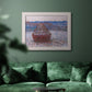 Impressionist single haystack landscape by Claude Monet in an ornate weathered white frame displayed in a dark-toned interior setting.