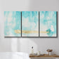Three-panel canvas wall art featuring saturated abstract color fields, displayed in a bathroom above a bathtub.
