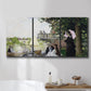 Three-panel canvas wall art featuring garden house beside river, displayed in a bathroom above a bathtub.