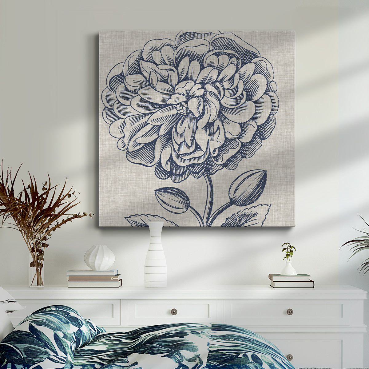 Indigo Floral on Linen III - Canvas Art Print