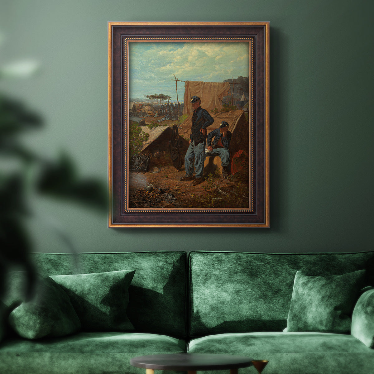 American genre scene of domestic life by Winslow Homer in an ornate bronzed mahogany wood frame displayed in a dark-toned interior setting.