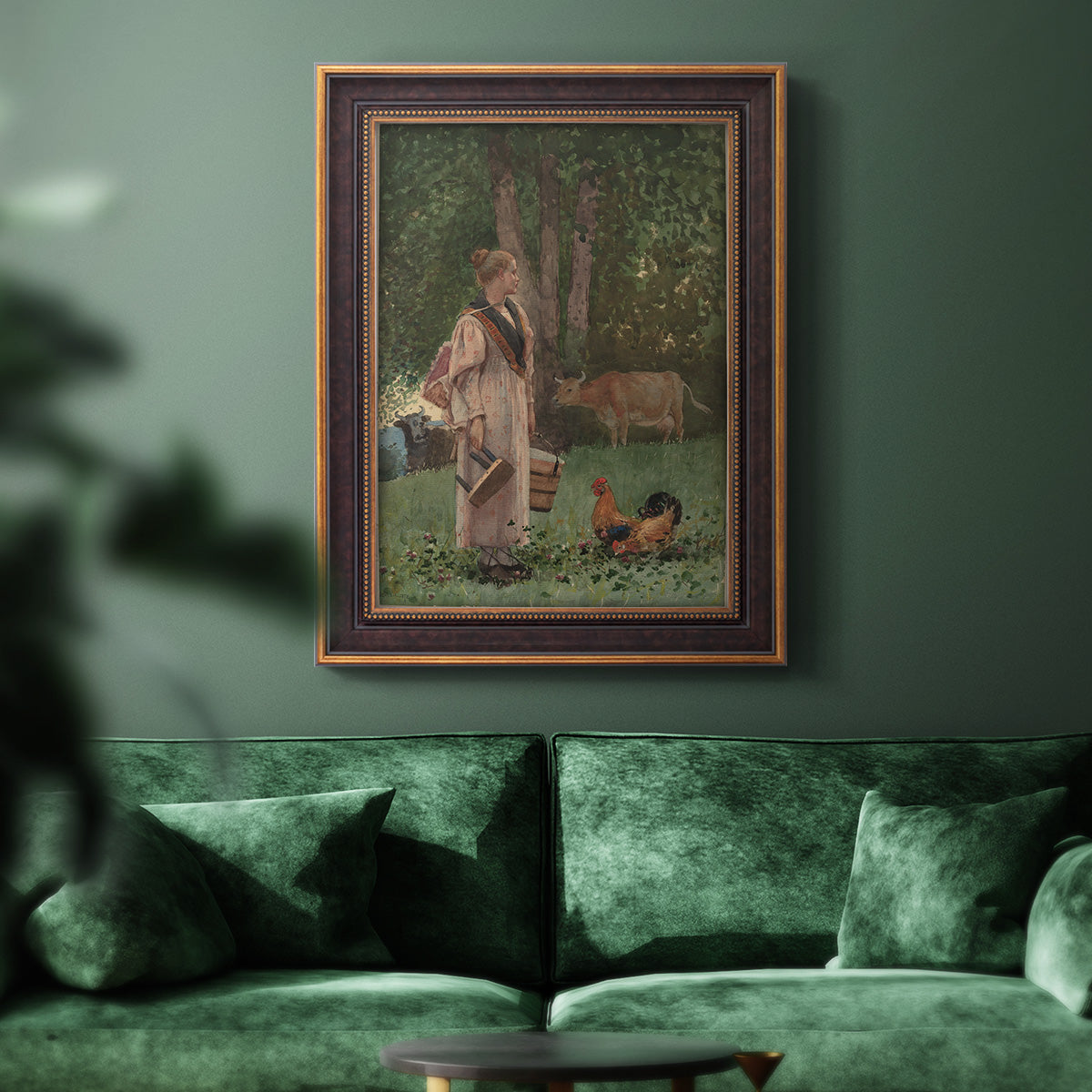 Realist genre scene of a milkmaid by Winslow Homer in an ornate bronzed mahogany wood frame displayed in a dark-toned interior setting.