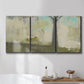 Three-panel canvas wall art featuring tall abstract tree form, displayed in a bathroom above a bathtub.