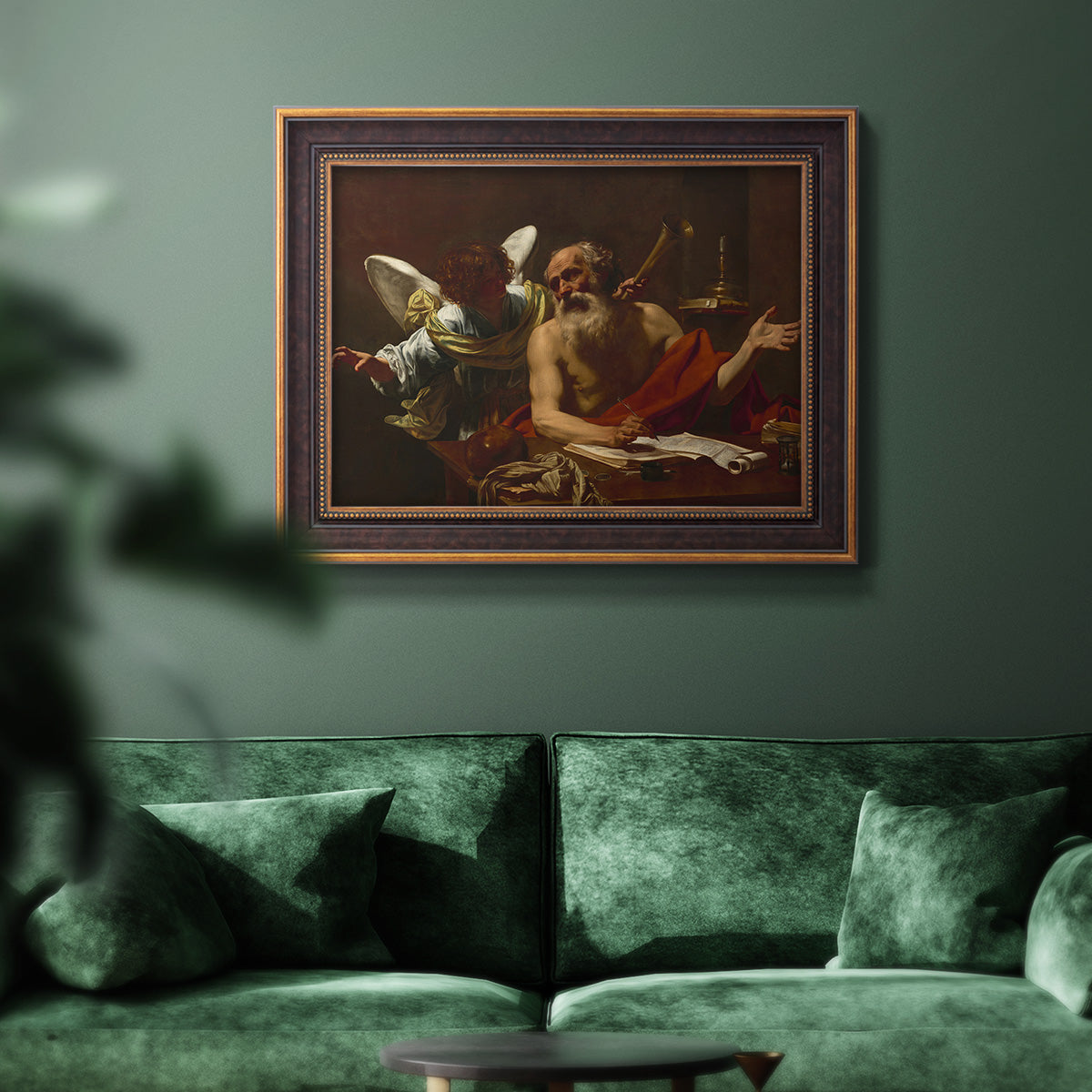 Classical religious painting of Saint Jerome with an angel by Simon Vouet in an ornate bronzed mahogany wood frame displayed in a dark-toned interior setting.