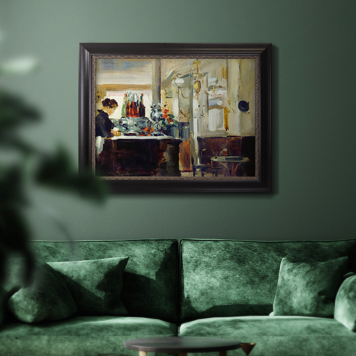Impressionist café still life scene by Édouard Manet in an ornate black frame with gilded inner detail displayed in a dark-toned interior setting.