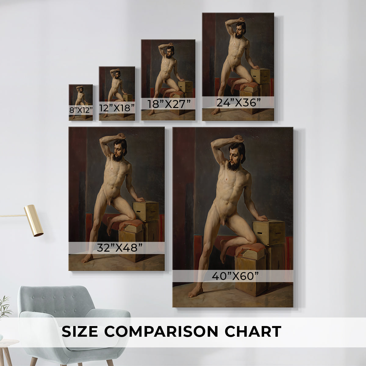 Size comparison chart for canvas art prints, showing multiple size options.