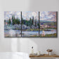 Three-panel canvas wall art featuring summer village view along river, displayed in a bathroom above a bathtub.