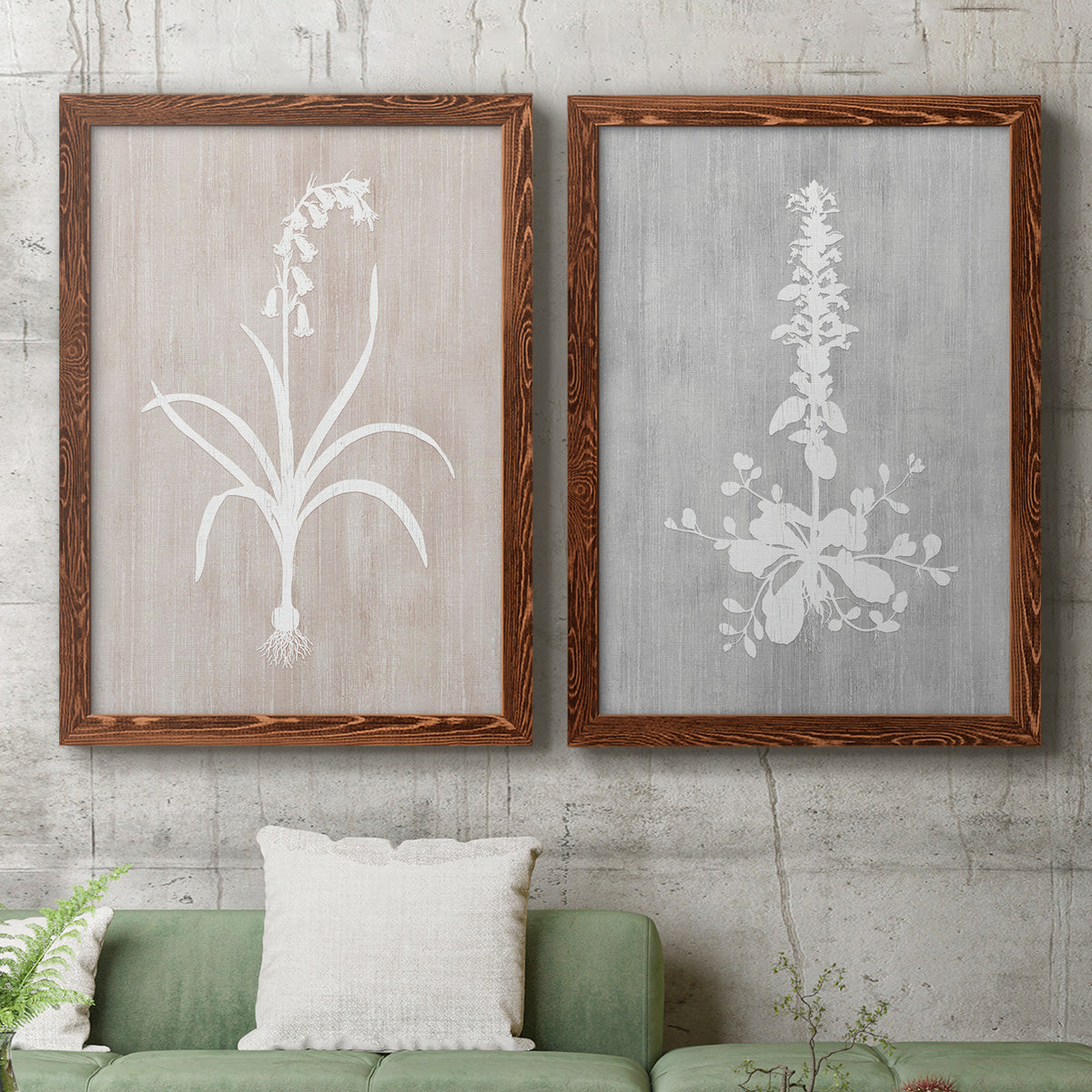 Set of two maple barnwood framed canvas prints depicting a coordinated art pair of white botanical silhouettes on softly weathered neutral backgrounds rendered as rustic minimalist botanical prints above a sofa in a modern living room.