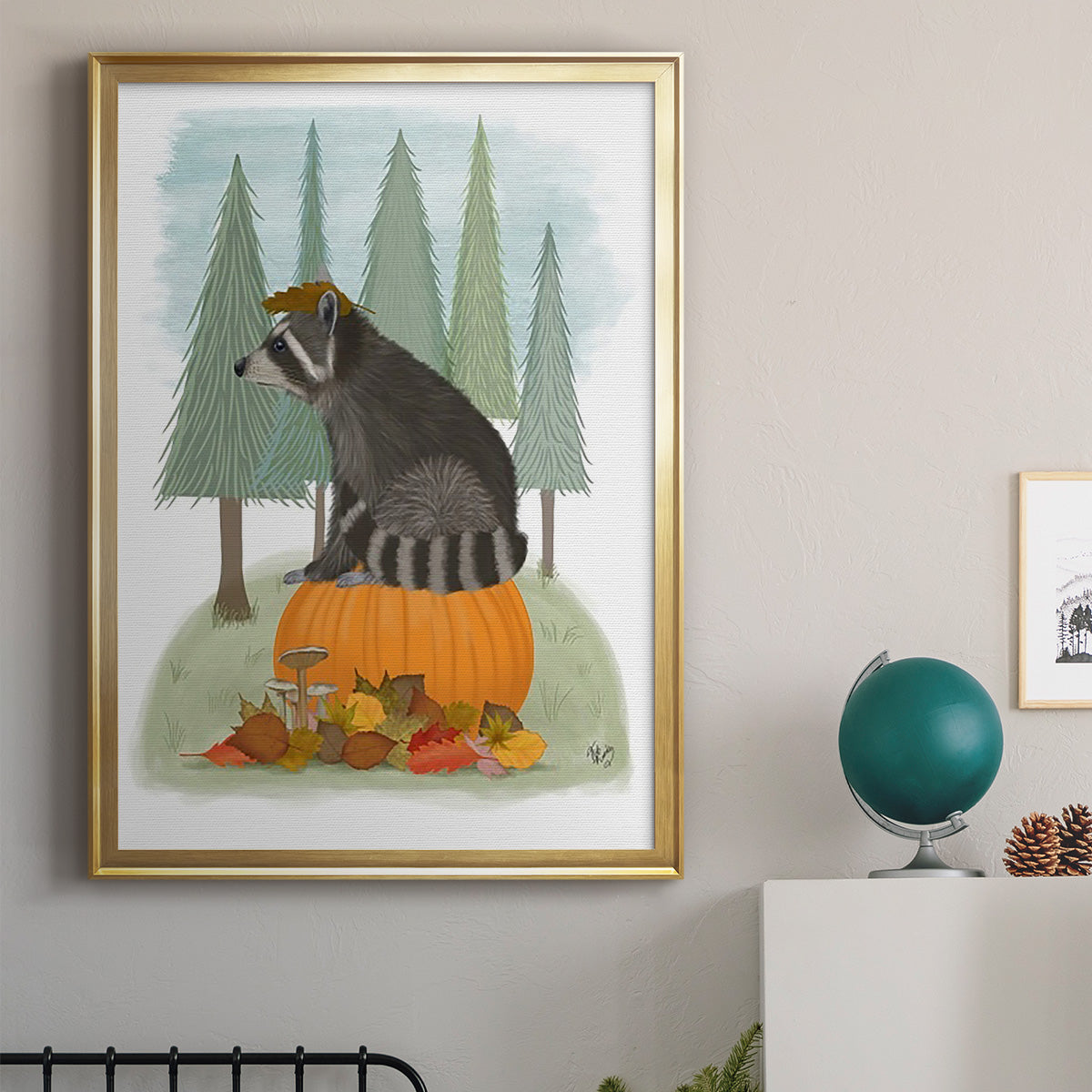 Raccoon On Pumpkin - Modern Framed Canvas Print