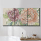 Three-panel canvas wall art featuring pastel peony flower composition, displayed in a bathroom above a bathtub.