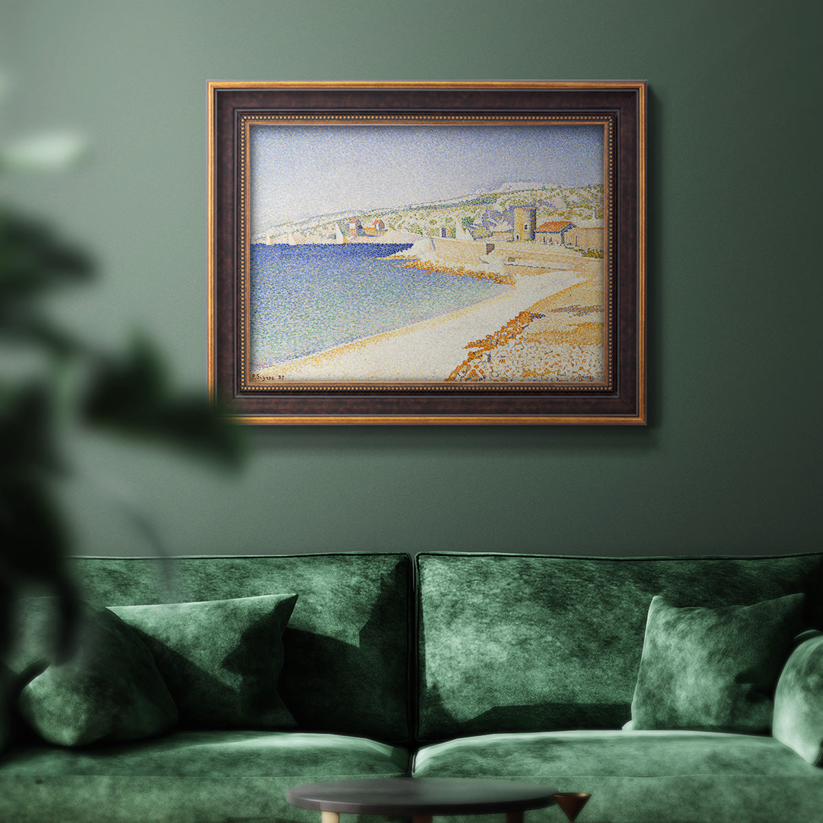 Impressionist Mediterranean jetty seascape by Paul Signac in an ornate bronzed mahogany wood frame displayed in a dark-toned interior setting.