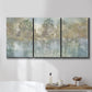 Three-panel canvas wall art featuring abstract river reflections, displayed in a bathroom above a bathtub.