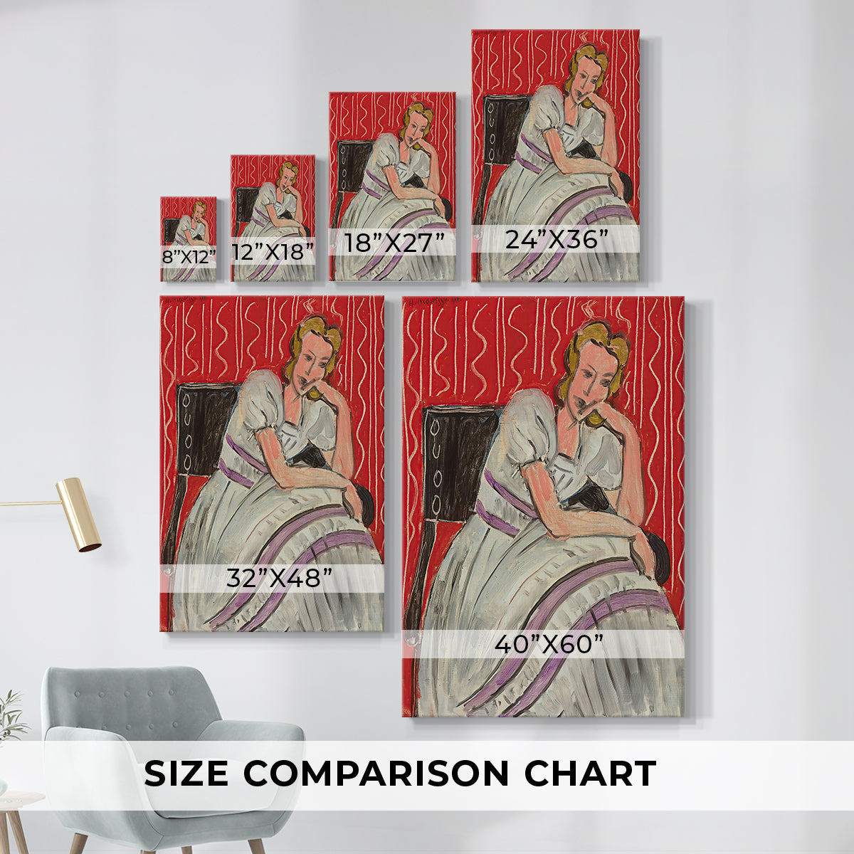 Size comparison chart for canvas art prints, showing multiple size options.