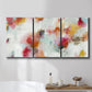Three-panel canvas wall art featuring abstract directional visual shift, displayed in a bathroom above a bathtub.