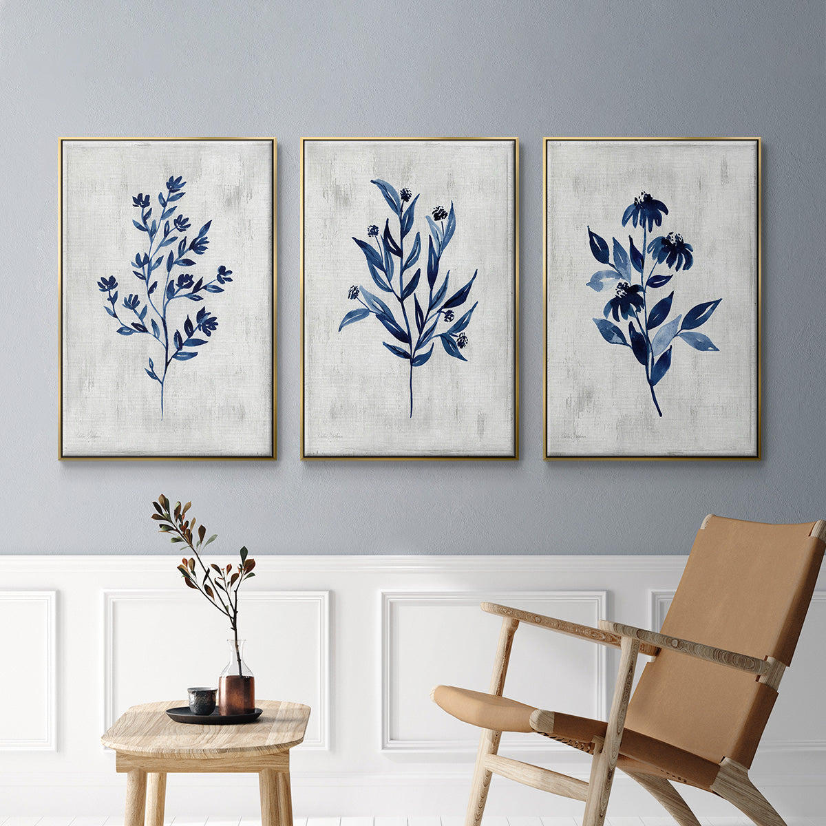 Wild Indigo I - Framed Premium Gallery Wrapped Canvas L Frame 3 Piece Set - Ready to Hang