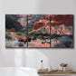 Three-panel canvas wall art featuring rugged canyon landscape with wildlife, displayed in a bathroom above a bathtub.