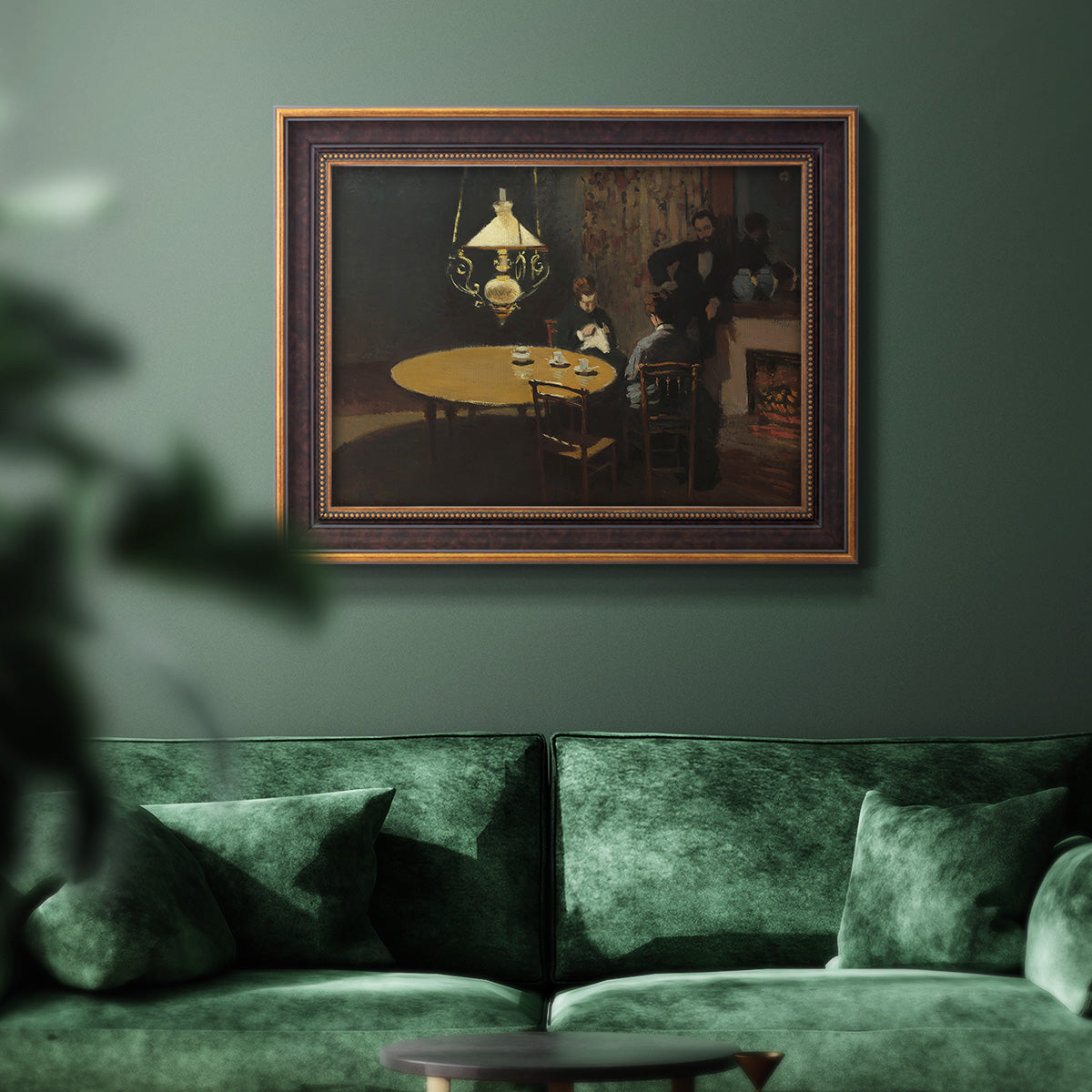 Impressionist domestic interior scene by Claude Monet in an ornate bronzed mahogany wood frame displayed in a dark-toned interior setting.