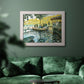 Impressionist riverside leisure scene by Claude Monet in an ornate weathered white frame displayed in a dark-toned interior setting.