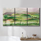 Three-panel canvas wall art featuring rainy landscape with soft atmosphere, displayed in a bathroom above a bathtub.