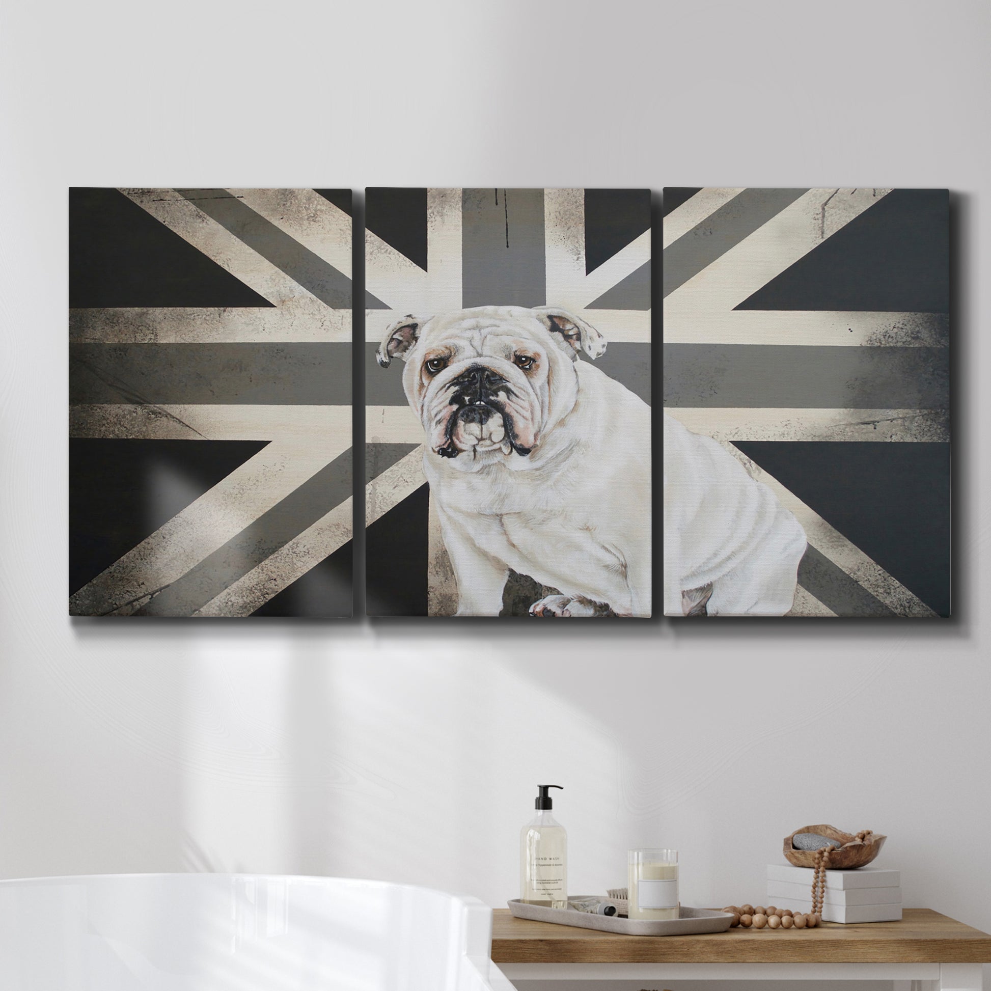 Three-panel canvas wall art featuring black and white animal collage, displayed in a bathroom above a bathtub.