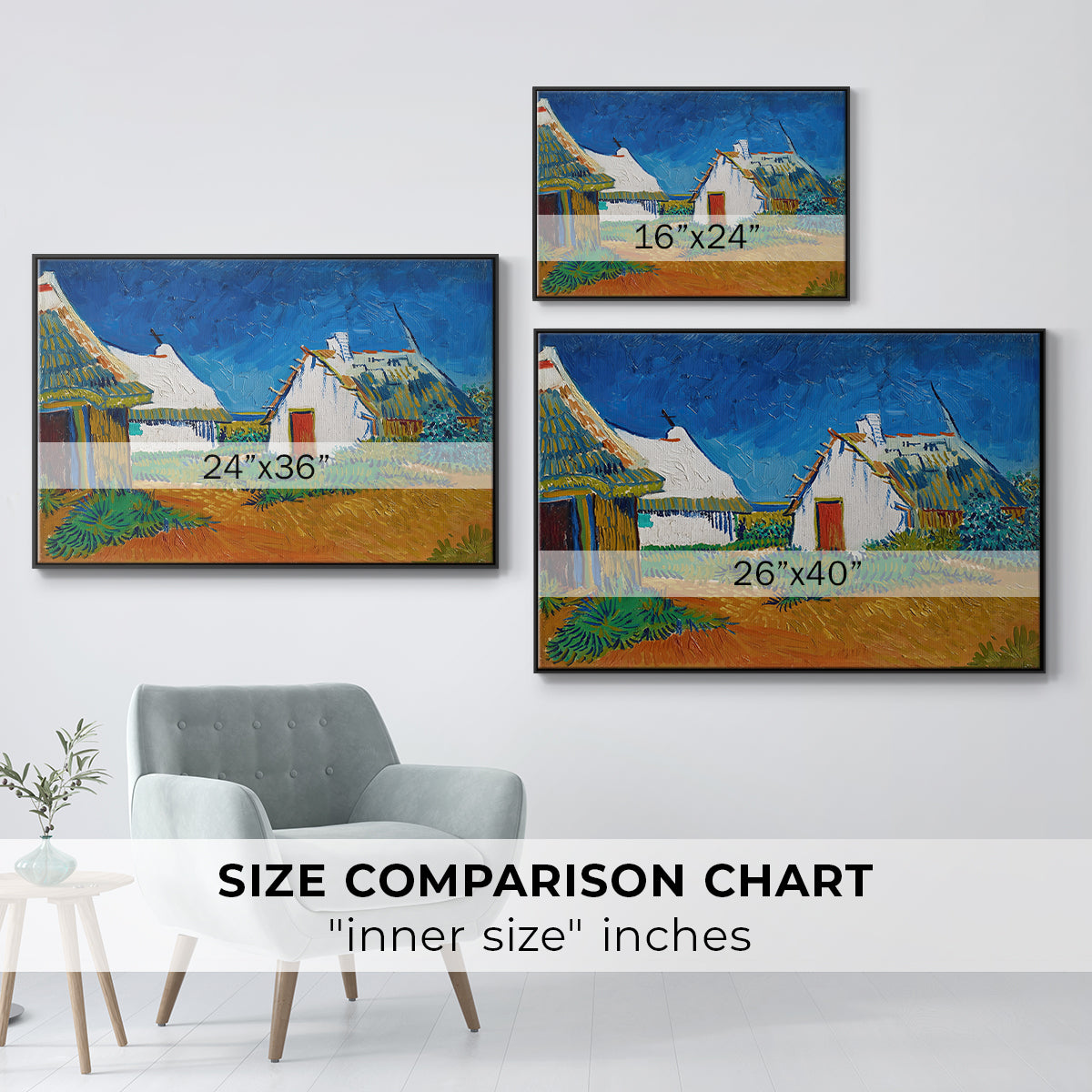 Three White Cottages at Saintes-Maries, 1888 - Floater Framed Canvas Print