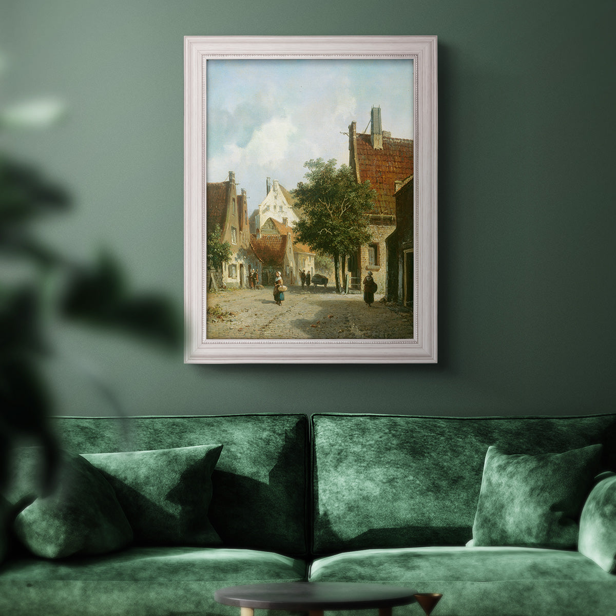 Rustic European street scene painting by Adriaan Eversen in an ornate weathered white frame displayed in a dark-toned interior setting.