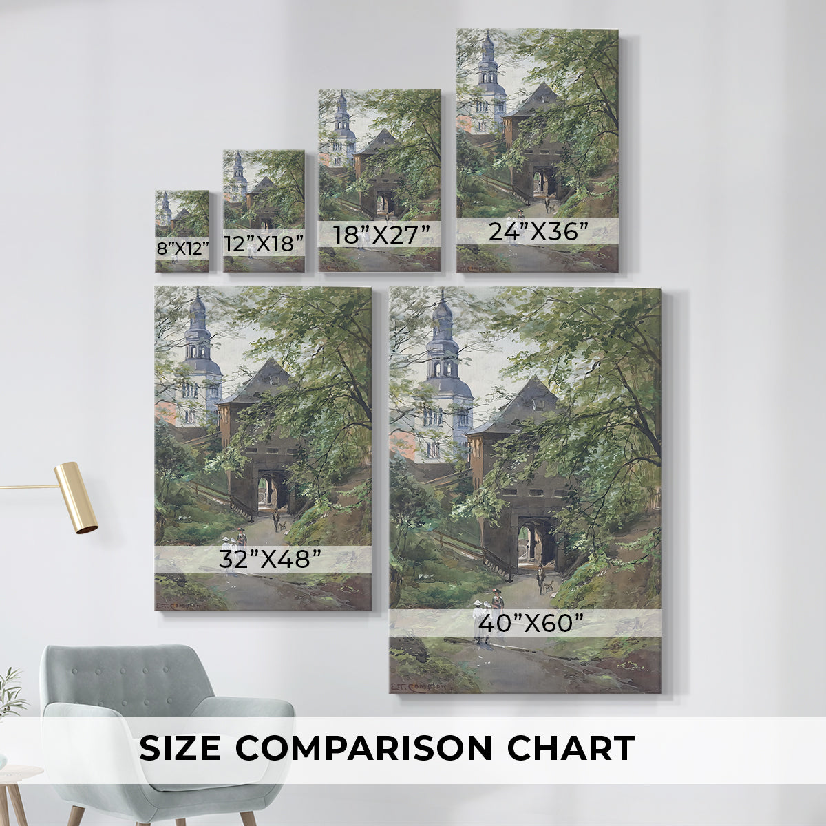 Size comparison chart for canvas art prints, showing multiple size options.